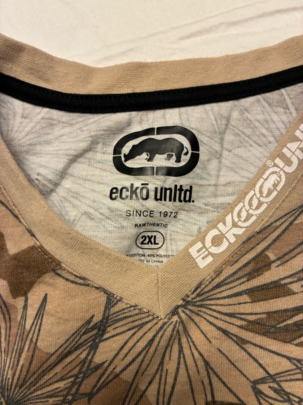Ecko Unltd. Beige and Black Palm-Print V-Neck Shirt